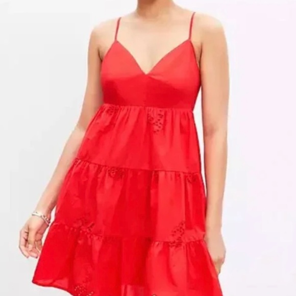 LOFT Tiered Babydoll VNeck Mini Dress Sz L Red Eyelet Boho Swing Vacation Beachy - Picture 3 of 11